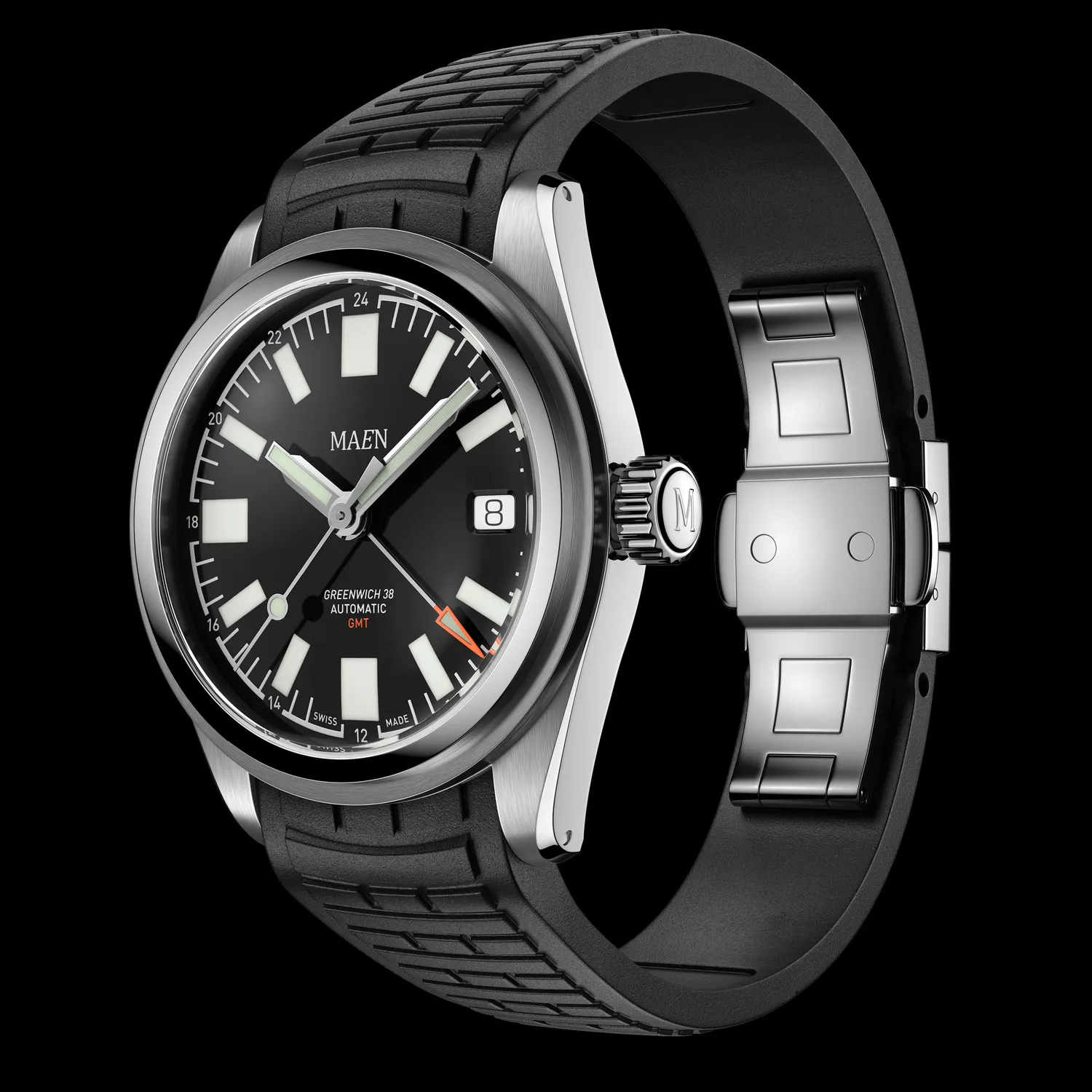 Maen Greenwich 38 GMT MGG.01 horloge rubber