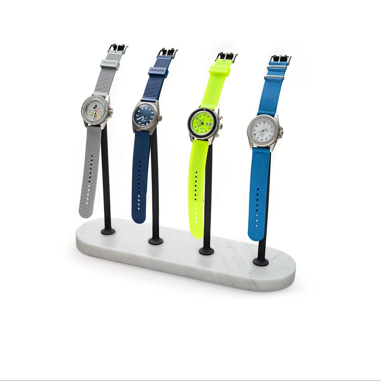 Unimatic Display 4 horloges totem ghost Carrara marmer wit