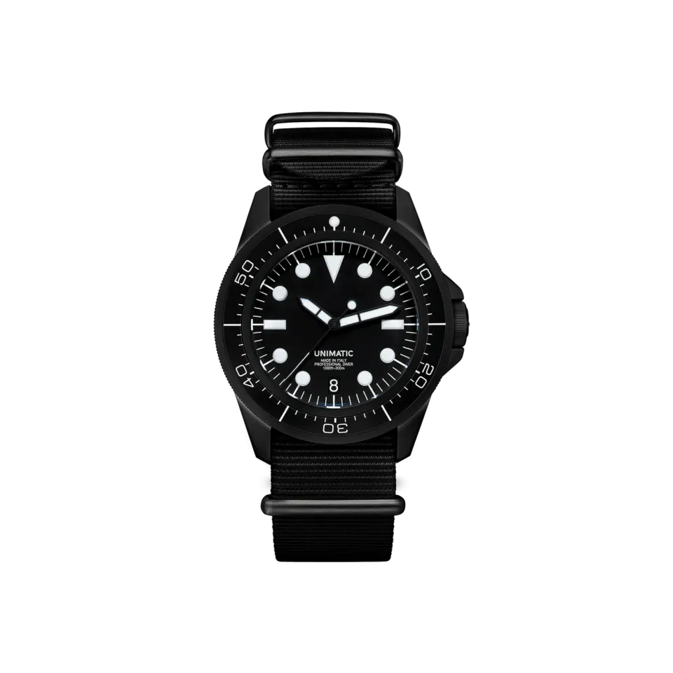 Unimatic Modello Uno U1-DN duikhorloge zwart DLC datum