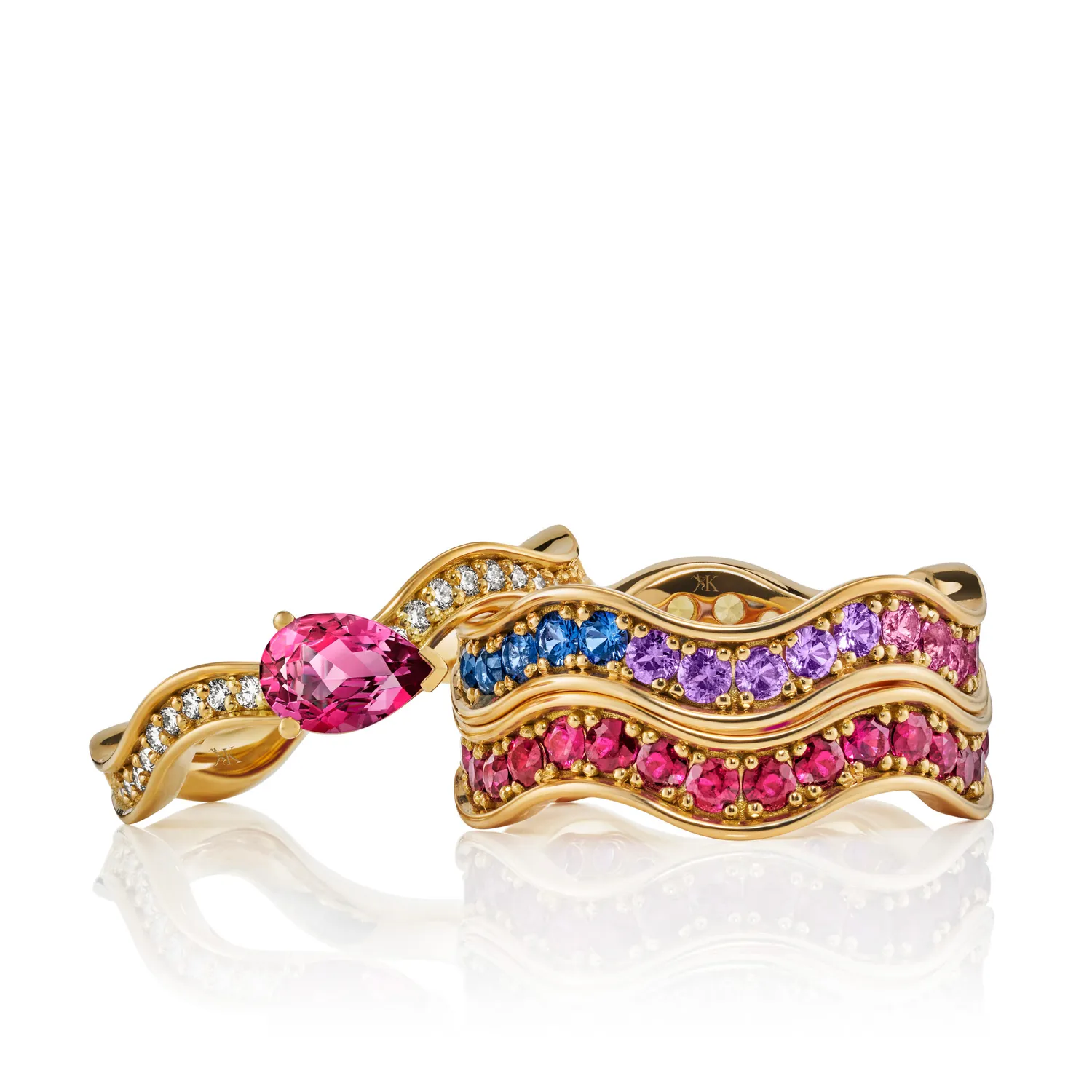 Juwelier Ripassa Wave ring regenboog saffier roségoud