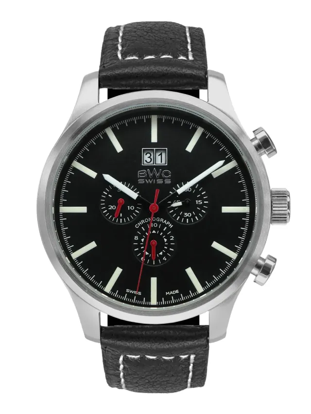 BWC-Swiss 20009.50.04 chronograaf horloge zwart leer 47 mm