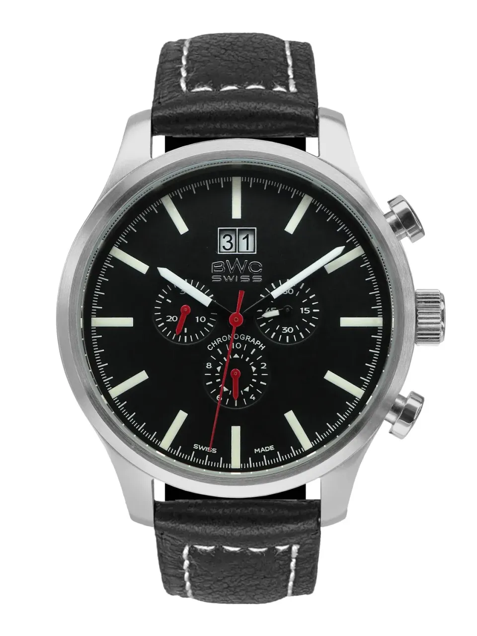 BWC-Swiss 20009.50.04 chronograaf horloge zwart leer 47 mm