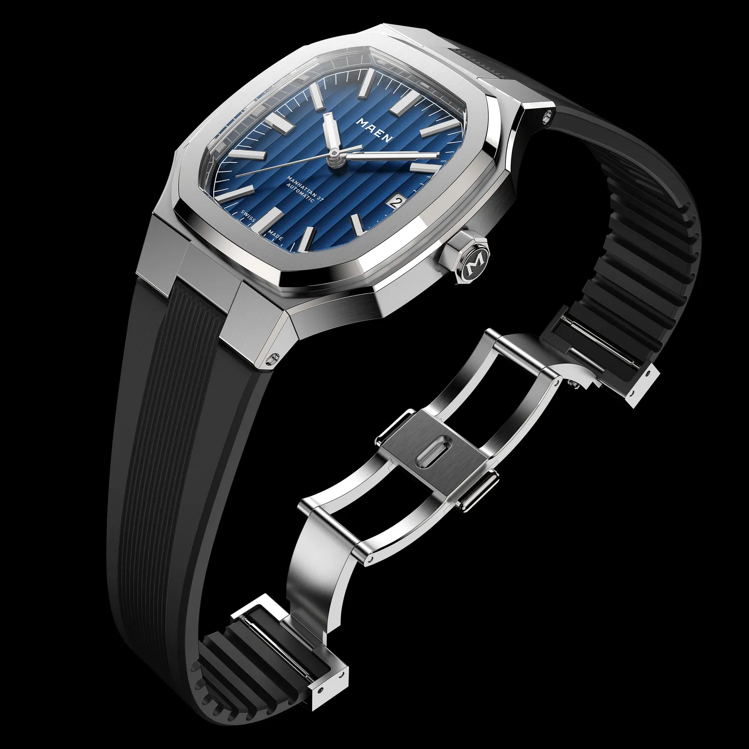 Maen Manhattan 37 M37 Black Integrated horlogebandje zwart FKM